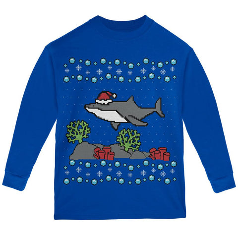 Ugly Christmas Sweater Shark Santa Hat Youth Long Sleeve T Shirt
