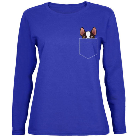 Boston Terrier Pocket Pet Womens Long Sleeve T Shirt