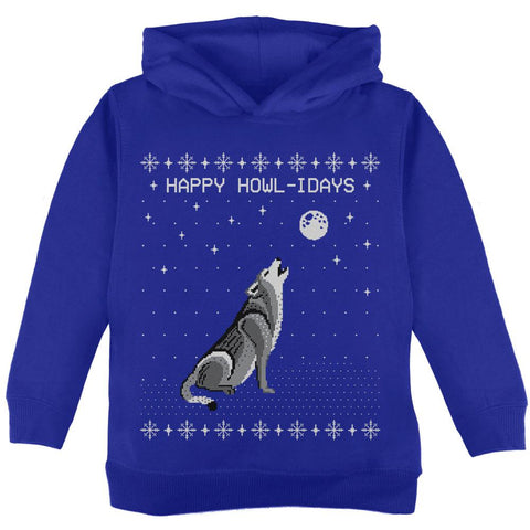 Happy Howl-idays Holidays Wolf Ugly Christmas Sweater Toddler Hoodie