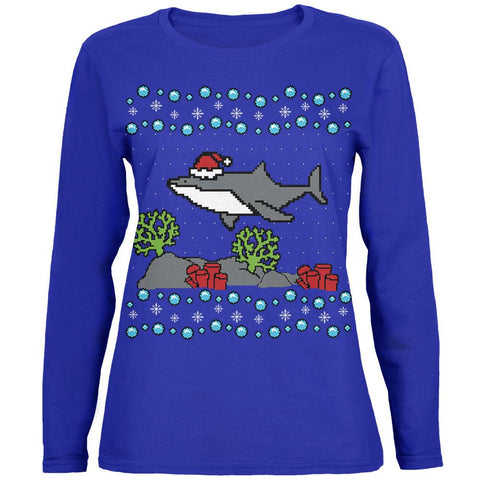 Ugly Christmas Sweater Shark Santa Hat Womens Long Sleeve T Shirt