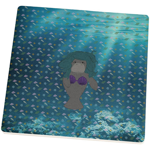 Manatee Mermaid Ocean Pattern Square Sandstone Coaster