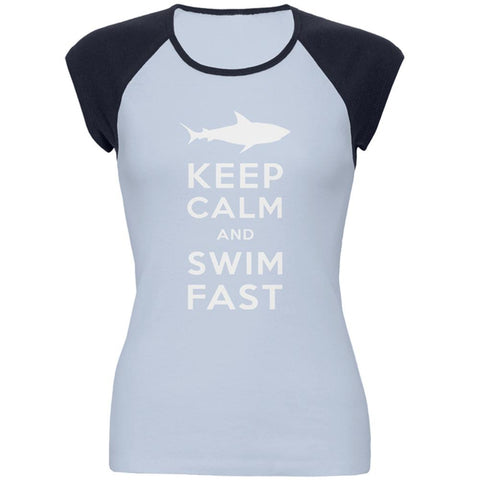 Shark Keep Calm and Swim Fast Juniors Cap-Sleeve Raglan T Shirt