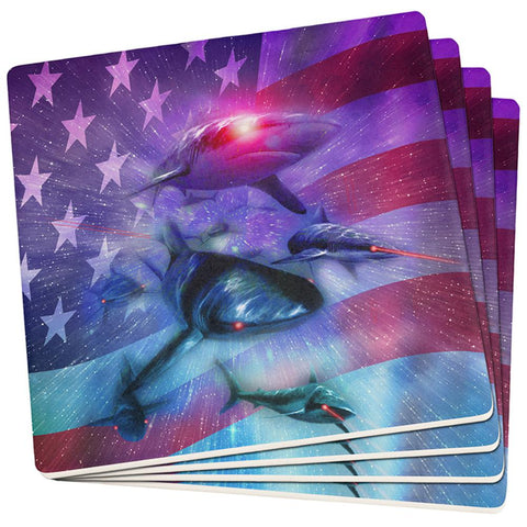 July 4th Patriotic American Galaxy Laser Sharks Set of 4 Coasters