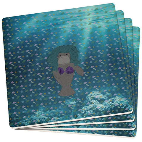 Manatee Mermaid Ocean Pattern Set of 4 Square Sandstone Coasters