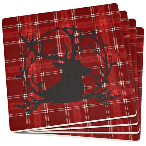 Winter Buck Deer Antlers Plaid Set of 4 Square Sandstone Coasters