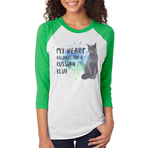 My Heart Belongs Russian Blue Cat Unisex Raglan T Shirt  front view