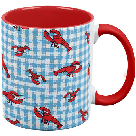 Lobster Crustacean Gingham Checker Summer Red Handle Coffee Mug