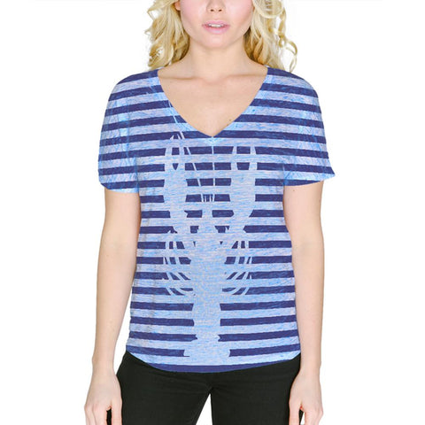 Lobster Navy Nautical Stripes Women's Slouchy V-Neck T Shirt