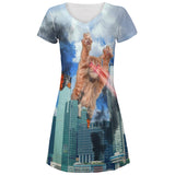 Giant Cat Laser Rampage and Destroy All Over Juniors Beach Cover-Up Dress  front view