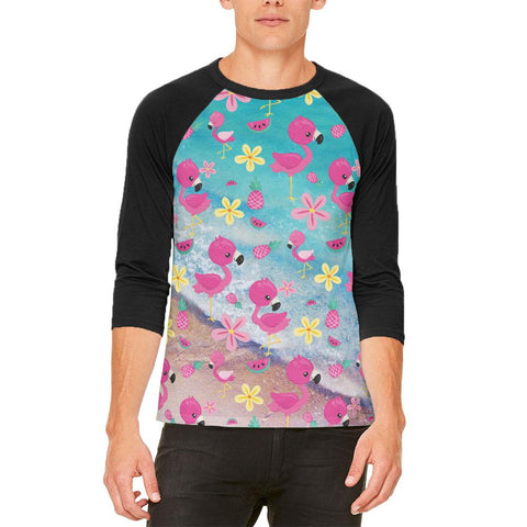 Summer Tropical Beach Flamingos Mens Raglan T Shirt