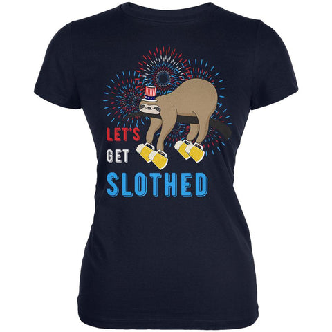 4th of July Beer Drinking Sloth Let's Get Slothed Juniors Soft T Shirt