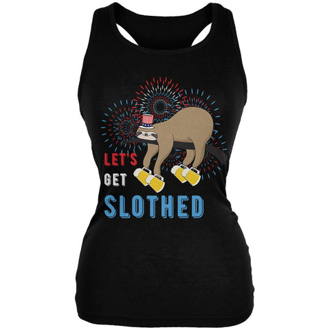 4th of July Beer Drinking Sloth Let's Get Slothed Juniors Soft Tank Top