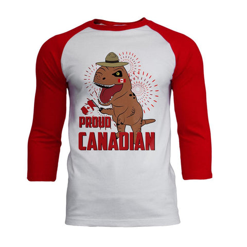 Canada Day Proud Canadian T-Rex Mens Soft Raglan T Shirt