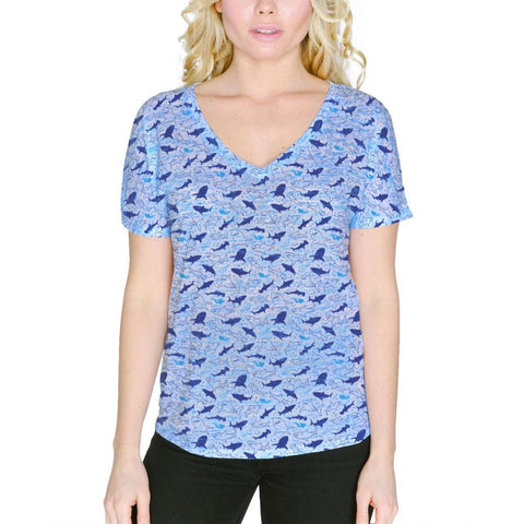 Shark Sharks Outline Repeat Pattern Women's Slouchy V-Neck T Shirt