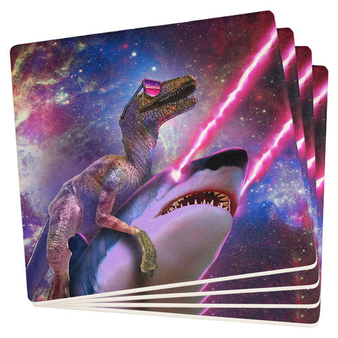 Velociraptor Laser Shark in Space Set of 4 Square Sandstone Coasters