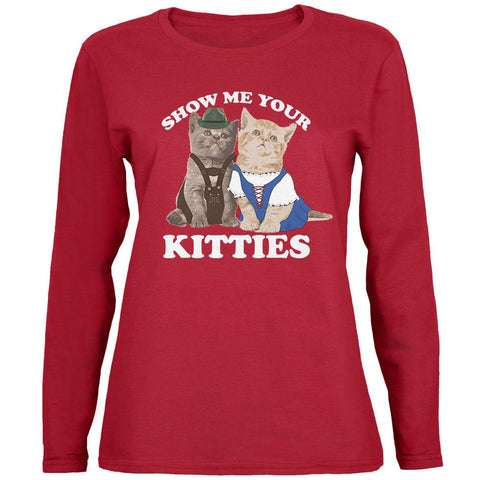 Oktoberfest Show Me Your Kitties Lederhosen Dirndl Beer Maiden Cat Womens Long Sleeve T Shirt