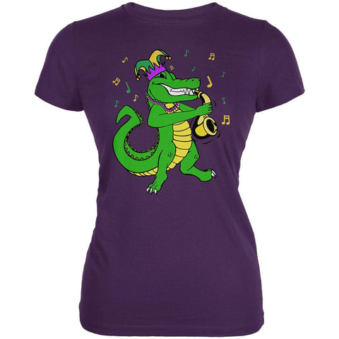 Mardi Gras Alligator Playing Saxaphone Jester Jazz Juniors Soft T Shirt
