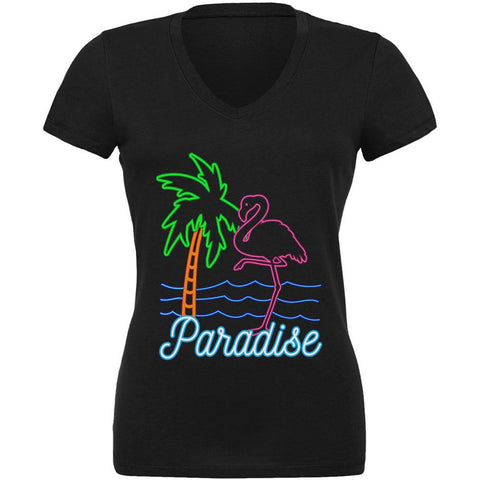 Retro 80s Neon Sign Flamingo Paradise Juniors V-Neck T Shirt