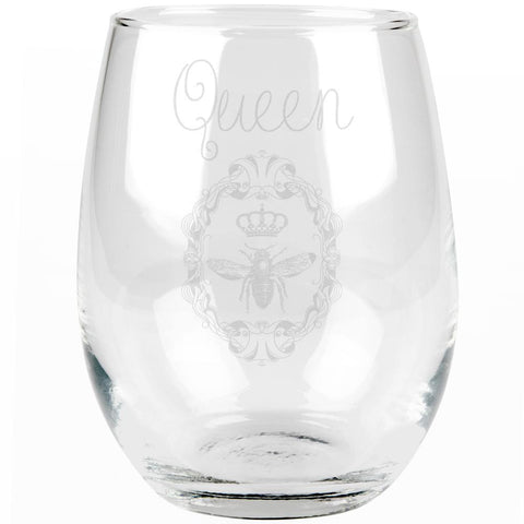 Queen Bee Etched Stemless Wine Glass