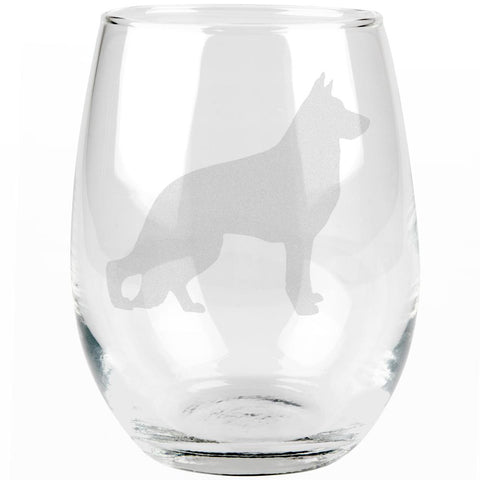 German Shepherd Guard Dog Silhouette Etched Stemless Wine Glass
