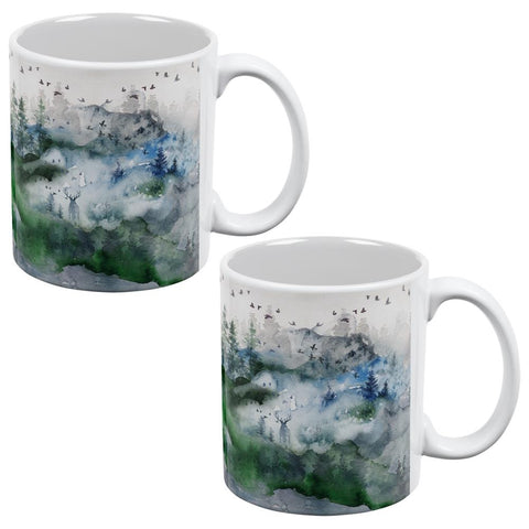 Watercolor Deer in the Mist All Over Coffee Mug Set of 2