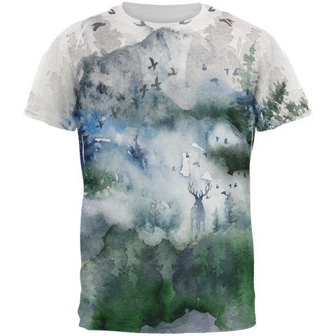 Watercolor Deer in the Mist All Over Mens T Shirt