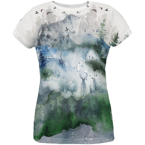 Watercolor Deer in the Mist All Over Womens T Shirt
