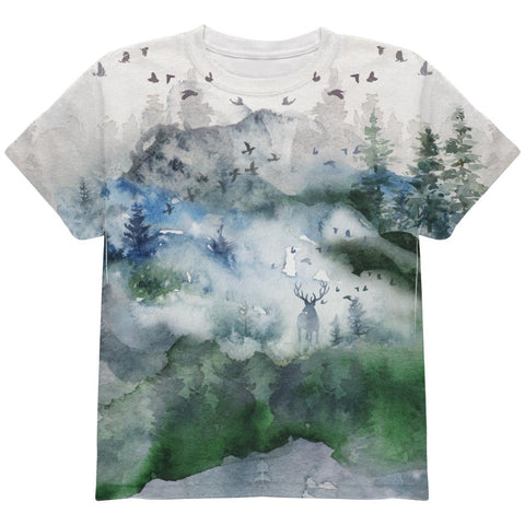 Watercolor Deer in the Mist All Over Youth T Shirt