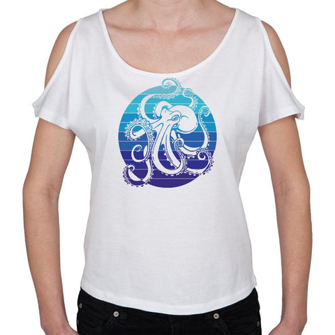 Kraken Octopus Ocean Retro Sunset Circle Open Shoulder Juniors T Shirt