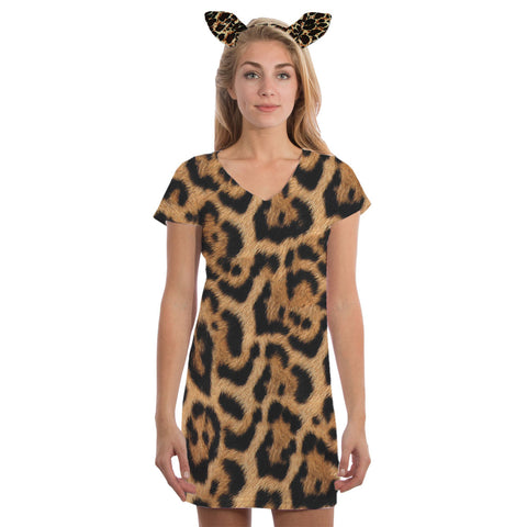 Halloween Costume Leopard Pattern All Over Juniors Beach Cover-Up Costume Dress with Leopard Ears Headband