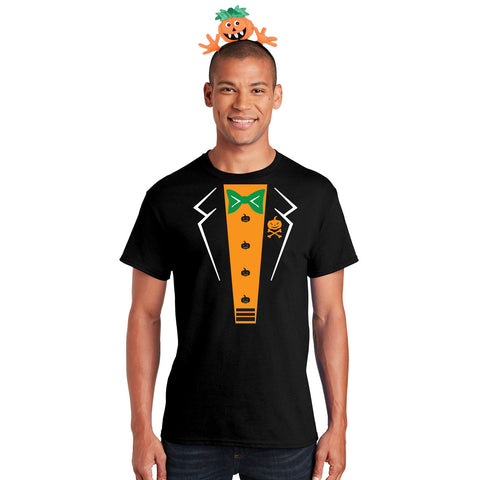 Halloween Costume Pumpkin Tuxedo Mens Costume T Shirt with Jack-O-Lantern Headband