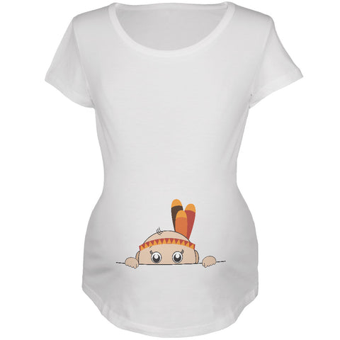 Peeking Baby Thanksgiving Indian White Maternity Soft T-Shirt front view