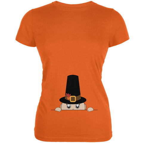 Peeking Baby Thanksgiving Pilgrim Orange Juniors Soft T-Shirt front view