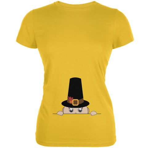 Peeking Baby Thanksgiving Pilgrim Yellow Juniors Soft T-Shirt front view