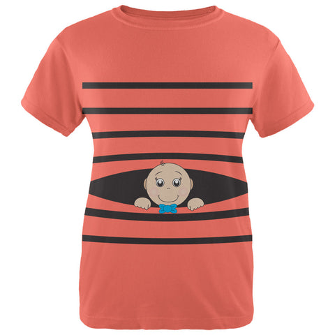 Striped Peeking Baby Boy Salmon Womens T-Shirt front view