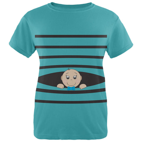 Striped Peeking Baby Boy Teal Womens T-Shirt front view