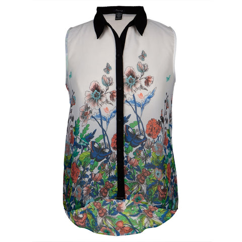Butterflies Floral Print Women's Sleeveless Button Up Blouse