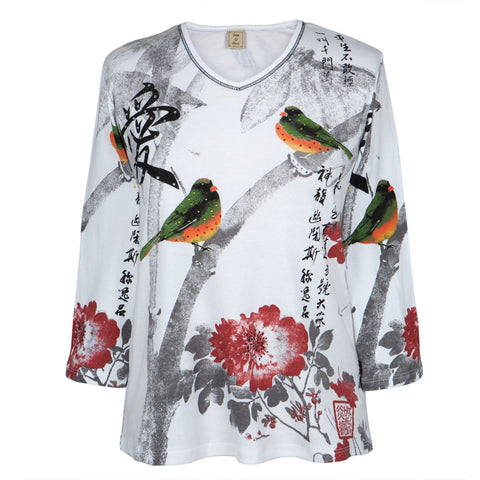 Asian Love Birds Women's V-neck 3/4 Sleeve Blouse