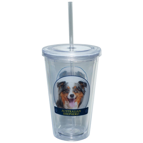 Australian Shepherd Profile Plastic Pint Cup With Straw