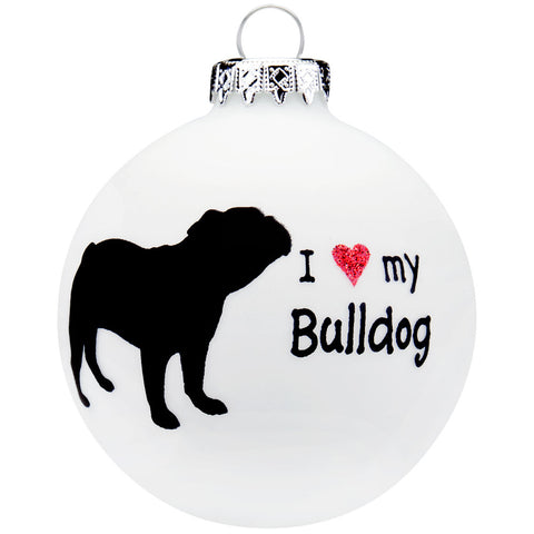 Bulldog I Heart Round Glass Ornament