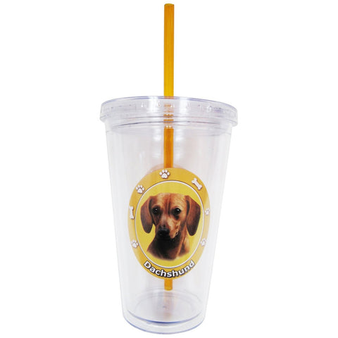 Red Dachshund Profile Circle Plastic Pint Cup With Straw