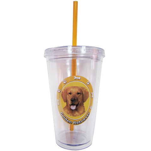 Golden Retriever Profile Circle Plastic Pint Cup With Straw