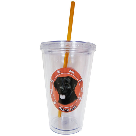 Black Labrador Profile Circle Plastic Pint Cup With Straw