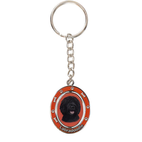 Black Labradoodle Portrait Oval Metal Keychain