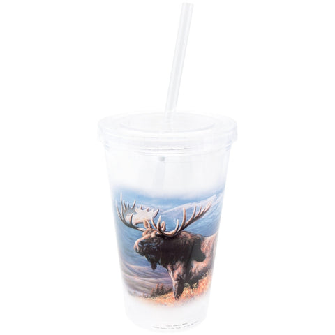 Moose on Mountain Side Double Wall Acrylic Tumbler With Straw