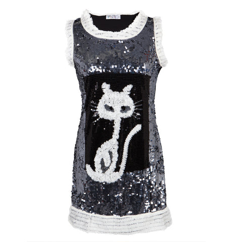 Cat Ripped Fabric White Sequined Women's Dress
