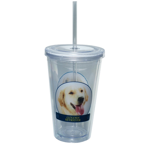 Golder Retriever Portait Plastic Pint Cup With Straw