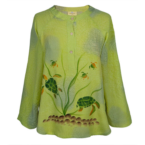 Hand-Painted Turtle Light Green Women's Blouse