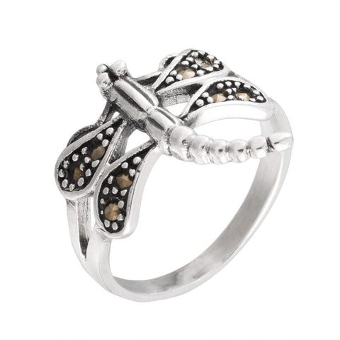 Dragonfly With Dotted Wings Sterling Silver Ring
