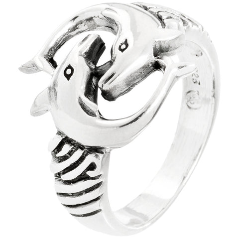 Dolphin Duo & Wave Sterling Silver Ring